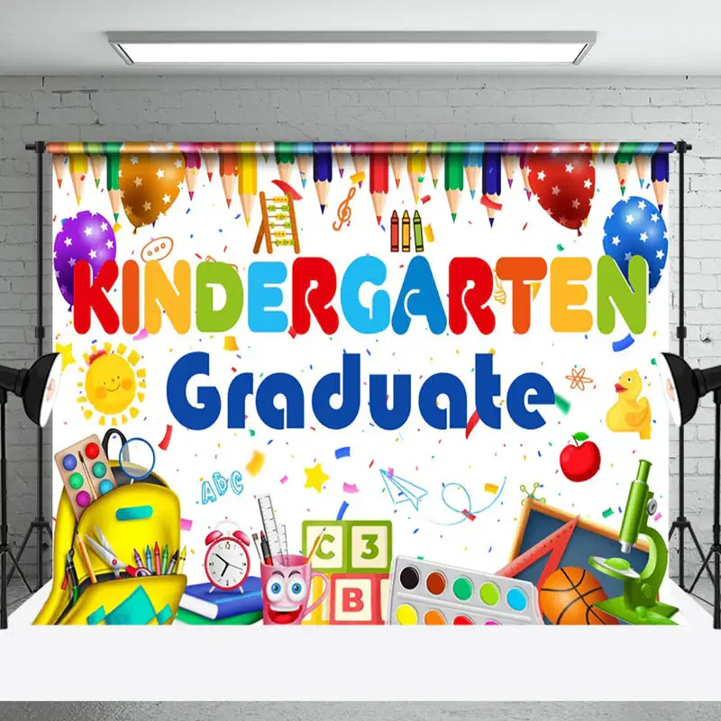 Crayons School Bag Tools Kindergarden Grad Backdrop - Aperturee