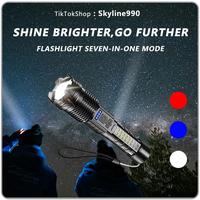 High Lumens Strong Light Flashlight – USB Rechargeable with Adjustable Zoom,Emergency White Light,Red & Blue Alarm Lights. ...