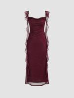 Women's Solid Glitter Ruffle Trim Dress, Formal Elegant Sleeveless Dress for Party Club Dating Wear, Ladies Clothes for All S...