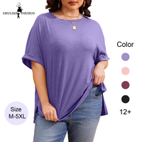 Chulianyouhuo 2025 Women's Plus Size Top Oversized Half Sleeve Round Neck Rolled up Sleeve T-shirt Loose fit T-shirt Summer O...