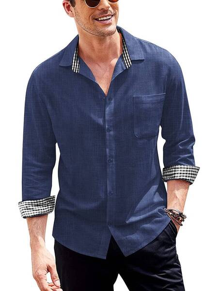 Long-Sleeve Cotton Linen Shirt (US Only), Navy Blue / L