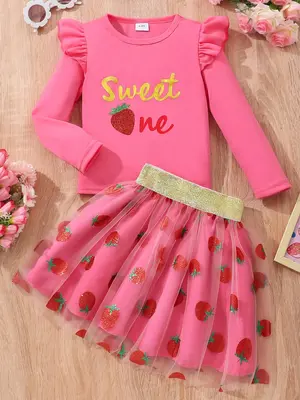 Two-Piece Set Girl's Strawberry Print Ruffle Trim Tee & Mesh Overlay Skirt, Cute Round Neck Long Sleeve Top & Glitter Tape A...