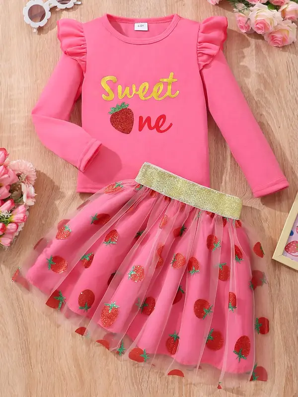 Two-Piece Set Girl's Strawberry Print Ruffle Trim Tee & Mesh Overlay Skirt, Cute Round Neck Long Sleeve Top & Glitter Tape A...
