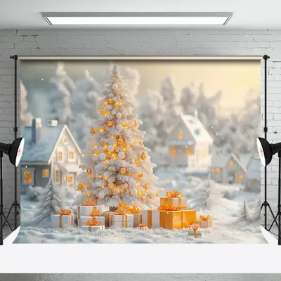 White Snowy Field Town Gold Light Christmas Backdrop - Aperturee