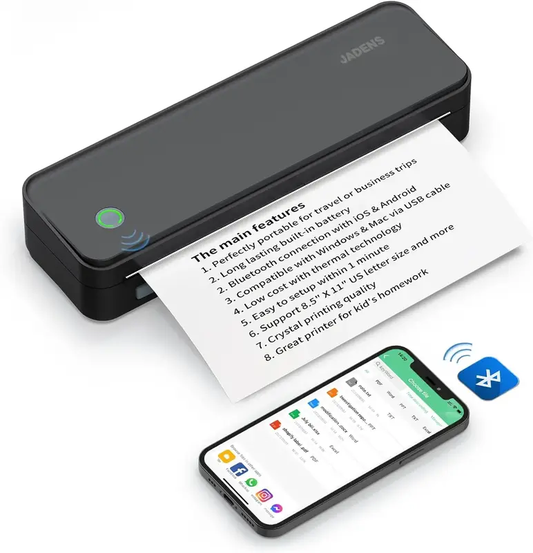 JADENS Portable Printers Wireless for Travel, Support 8.5 X 11 US Letter, Bluetooth Thermal Printer Inkless Mobile Printe...