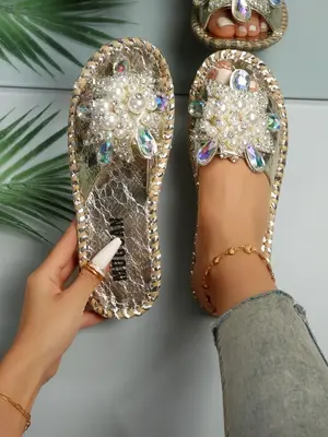 Women's Faux Pearl & Rhinestone Decorated Slide Sandals, Stylish Elegant Sandals, Casual Open Toe Summer Shoes, Walking Shoes...