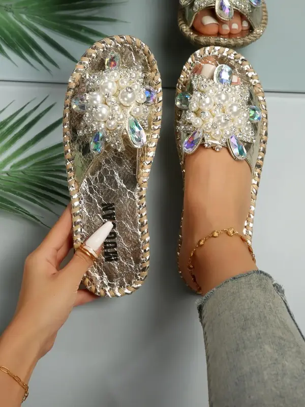 Women's Faux Pearl & Rhinestone Decorated Slide Sandals, Stylish Elegant Sandals, Casual Open Toe Summer Shoes, Walking Shoes...