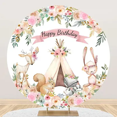 Floral Tent Animals Safari Round Birthday Backdrop - Aperturee