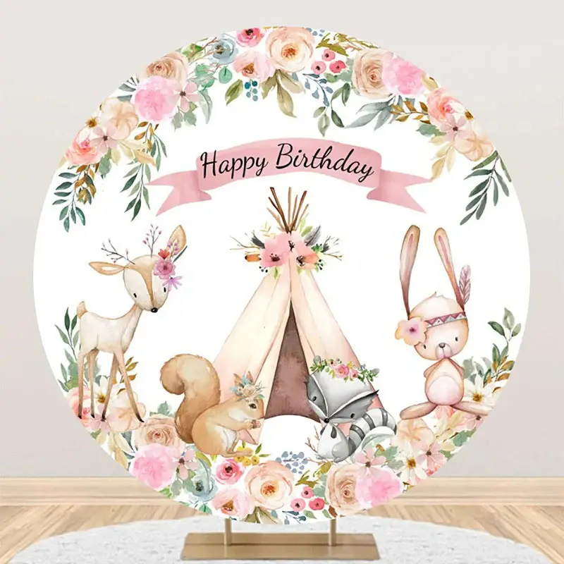 Floral Tent Animals Safari Round Birthday Backdrop - Aperturee