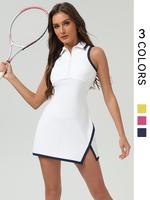 Women's Colorblock Collared Tennis Dress, Casual Sleeveless Zipper Side Slits Dress for Tennis, Ladies Sportswear for All Sea...