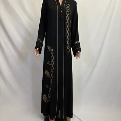 Black Abaya with Rhinestone Design and Belt - Elegant Chain Patterned Long Dress