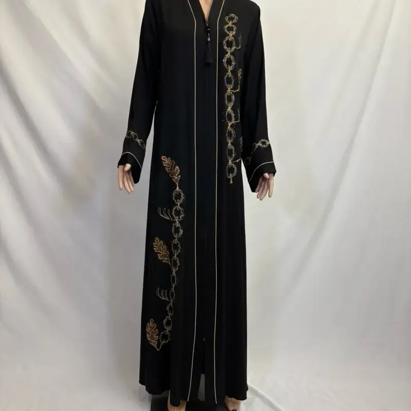 Black Abaya with Rhinestone Design and Belt - Elegant Chain Patterned Long Dress