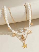 Faux Pearl & Starfish & Shell Decor Beaded Necklace, Boho Style Pendant Necklace for Women & Girls, Fashion Jewelry for Party...