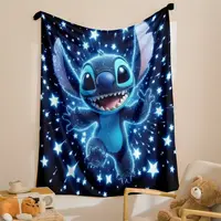 DISNEY CLASSIC Stitch Black Flannel Blanket with Blue Stars - Soft Warm Cozy Throw for Bed, Sofa, Office & Camping