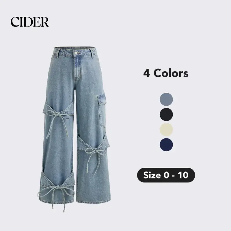 Cider [4 colors, size 0-10] Cider Denim Mid Rise Solid Bowknot Pocket Wide Leg Jeans
