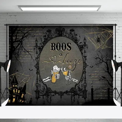 Black Beer Skull Boos And Booze Halloween Backdrop - Aperturee