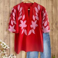 SageVell Timeless Red Embroidered Blouse with Floral Details - Perfect for Casual Outings, Weekends & Spring Style. Effortles...