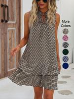Women's All Over Geometric Print Frill Trim Tie Neck Tiered Layer Ruffle Hem Tank Dress, Bohemian Breathable Casual Sleeveles...