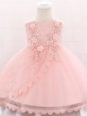 Girl's Floral Appliques Zip Up Formal Dress, Elegant Bow Decor Sleeveless Princess Dress for Party Wedding Guest, Kids Clothe...