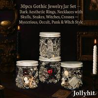 Gothic Grunge Mystical Witchy Mystery Jewelry Jar Set – Dark Aesthetic Rings, Bracelet,Necklaces & Earrings with Skulls,...
