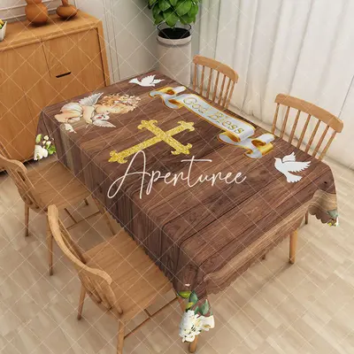 Aperturee Wood God Bless Baptism Party Rectangular Tablecloth, 52 x 70 inch, 30.82 USD, rectangle tablecloths, ZWH01890-A