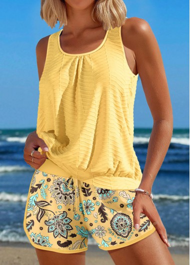 Modlily Drawstring Floral Print Light Yellow Tankini Set - XXL
