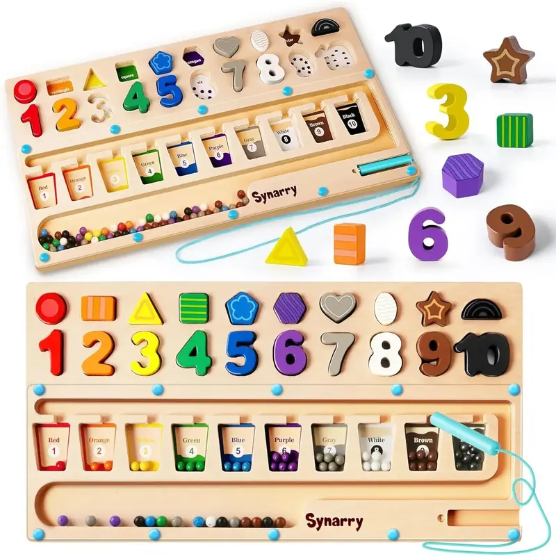 SYNARRY 3 in 1 Montessori Toys for 3+ Year Old, Educational Magnetic Color and Number Maze, Shape & Number Wooden Puzzle ...