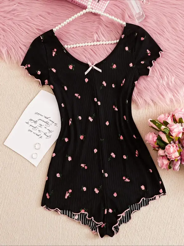 Women's Floral Print Bow Front Lettuce Trim Romper, Casual Scoop Neck Short Sleeve Romper For Daily Wear, Summer Wear, Ladies...