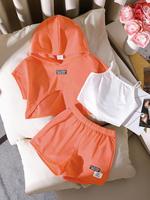 Girl's Letter Patched Crop Hoodie & Shorts & Cami Top Set, Casual Fashion Breathable Outfits for Daily Outdoor Wear, Kids Clo...