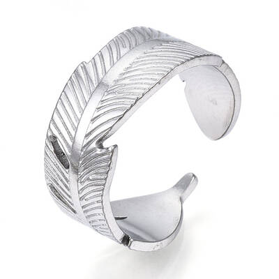 Non-Tarnish 304 Stainless Steel Feather Open Cuff Ring for Women