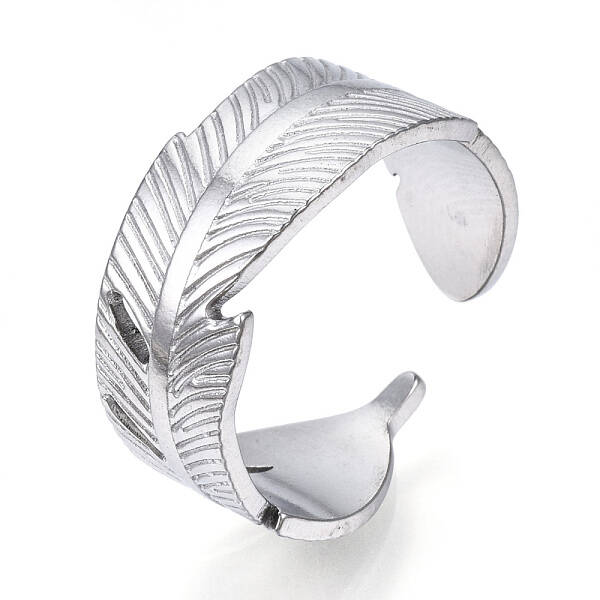 Non-Tarnish 304 Stainless Steel Feather Open Cuff Ring for Women