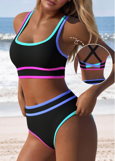 Modlily Mid Waisted Patchwork Black Bikini Set - L