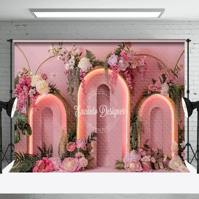 Pink Lighted Arch Greenery Floral Wedding Backdrop - Aperturee