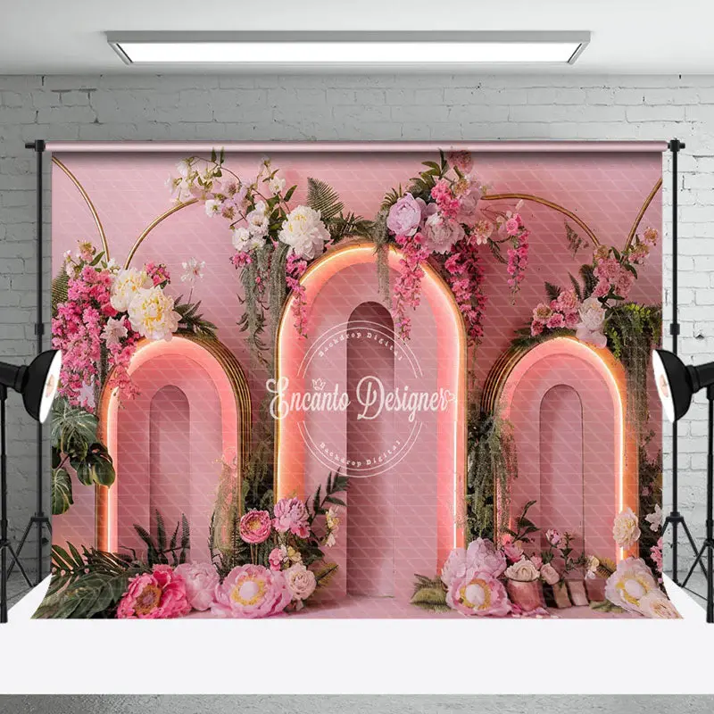 Pink Lighted Arch Greenery Floral Wedding Backdrop - Aperturee