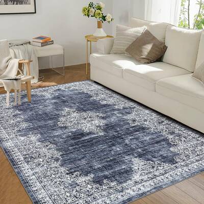 Garvee Washable Vintage Tribal Area Rug 9x12 - Low Pile, Distressed Medallion - Soft Polyester, Non-Slip - Neutral Blue - Liv...