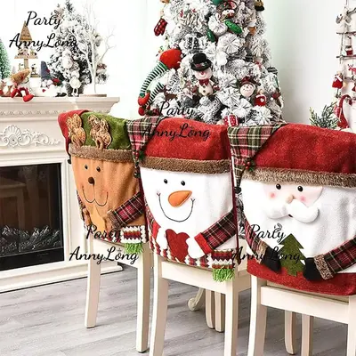 Christmas Themed Chair Cover, 1 Count Cute Snowman/Elk Design Chair Slipcover, Festive Decoration for Home Living Room Bedroo...
