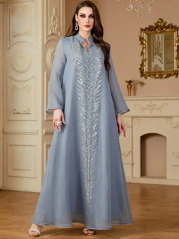 Women's Contrast Mesh Notched Neck Dress, Elegant Long Sleeve Long Dress for Party Wedding Guest, Ladies Islamic Clothing for...