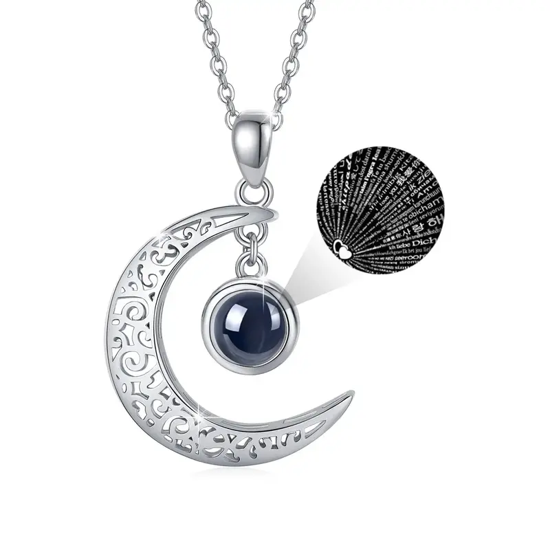 Sterling Silver Circular Shaped Projection Stone Personalized Projection & Moon Pendant Necklace