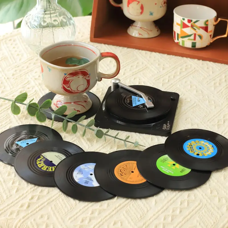 Retro Black Vinyl Record Shaped Coaster, 6 Counts Creative Coffee Cup Mat, Decorative Placemat for Home Kitchen Dining Room C...