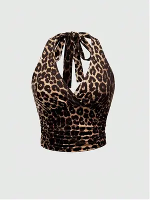 Women's Leopard Print Ruched Tie Back Halter Crop Tank Top, Fashion Casual Backless Sleeveless Top for Fall, Ultra Crop Top, ...