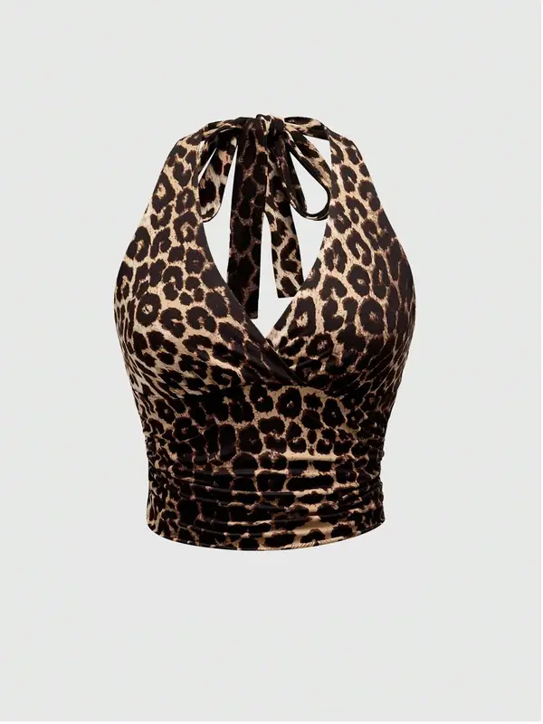 Women's Leopard Print Ruched Tie Back Halter Crop Tank Top, Fashion Casual Backless Sleeveless Top for Fall, Ultra Crop Top, ...
