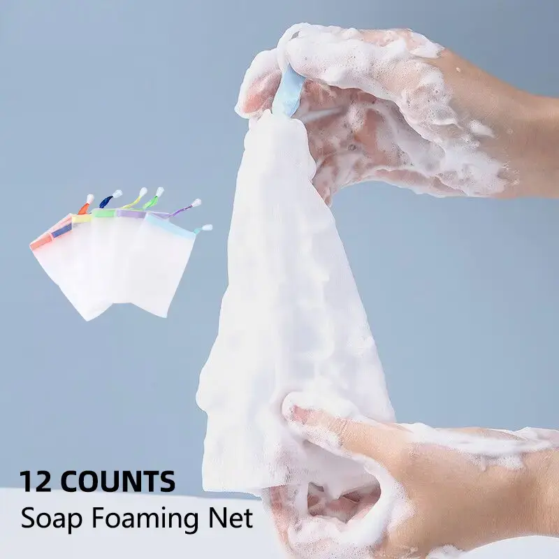 12 PCS Soap Bags Handmade Soap Bubble Mesh Bags Exfoliating Soap Saver Pouch Net Bags with Drawstring Body Facial Cleaning To...