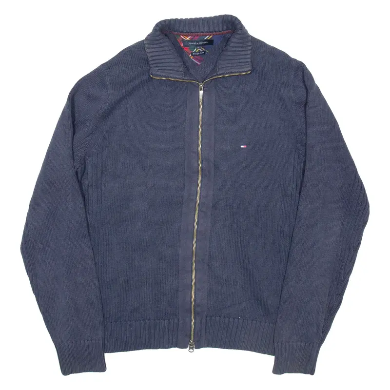 TOMMY HILFIGER Mens Cardigan Blue High Neck Tight Knit XL