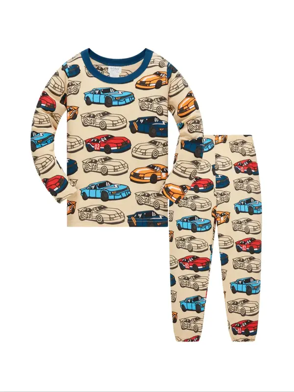 Boys' Long Sleeve Pants Set, Cute Car & Fish Print, Comfortable Casual Home Wear, Spring Summer Fall, Ages 1-8 Years