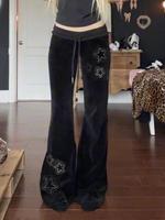 Women's Star Pattern Rhinestones Velvet Pants, Y2k Style Drawstring Waist Bell Bottom Trousers for Daily Wear, Ladies Bottoms...