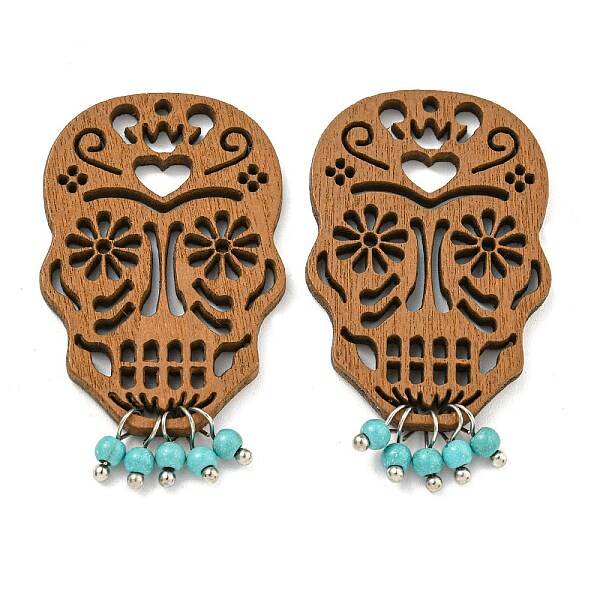 Laser Cut Poplar Wood Pendants Skull Charms with Dyed Synthetic Turquoise