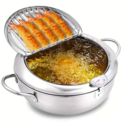 Deep Fryer with Temperature Control and Lid, Portable Stainless Steel Fried Chicken & Potato Pot, Multifunctional Frying Pan ...