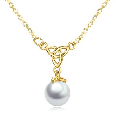 14K Gold Circular Shaped Pearl Celtic Knot Pendant Necklace