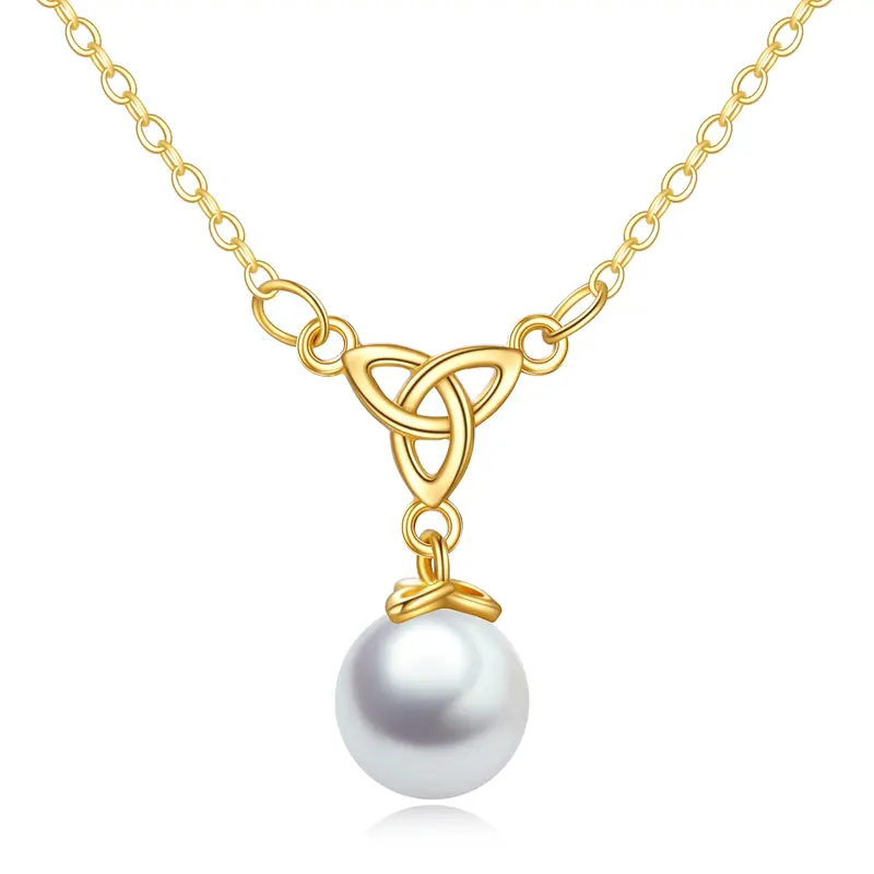 14K Gold Circular Shaped Pearl Celtic Knot Pendant Necklace