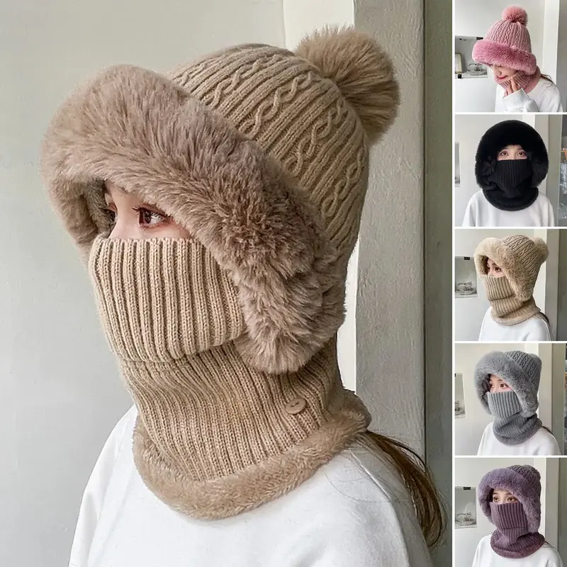 Multifunctional knitted hat with plush balls and ear protection, solid color, autumn and winter women's mask, neck cover, war...